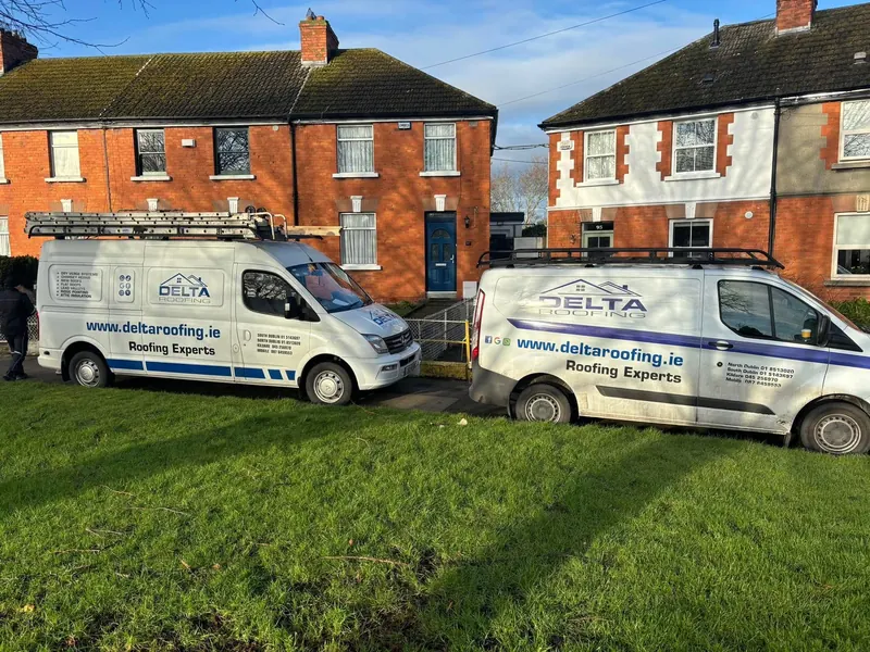 The Delta vans on a redbrick terrace, Delta Roofing