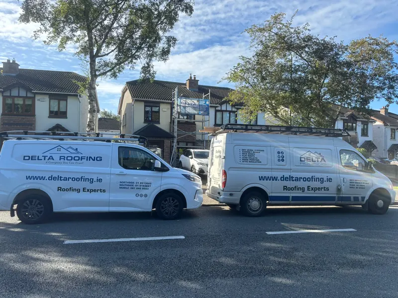 Both vans on a job, Delta Roofing