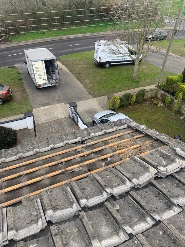 Roof stripped to the timbers, from above, Delta Roofing